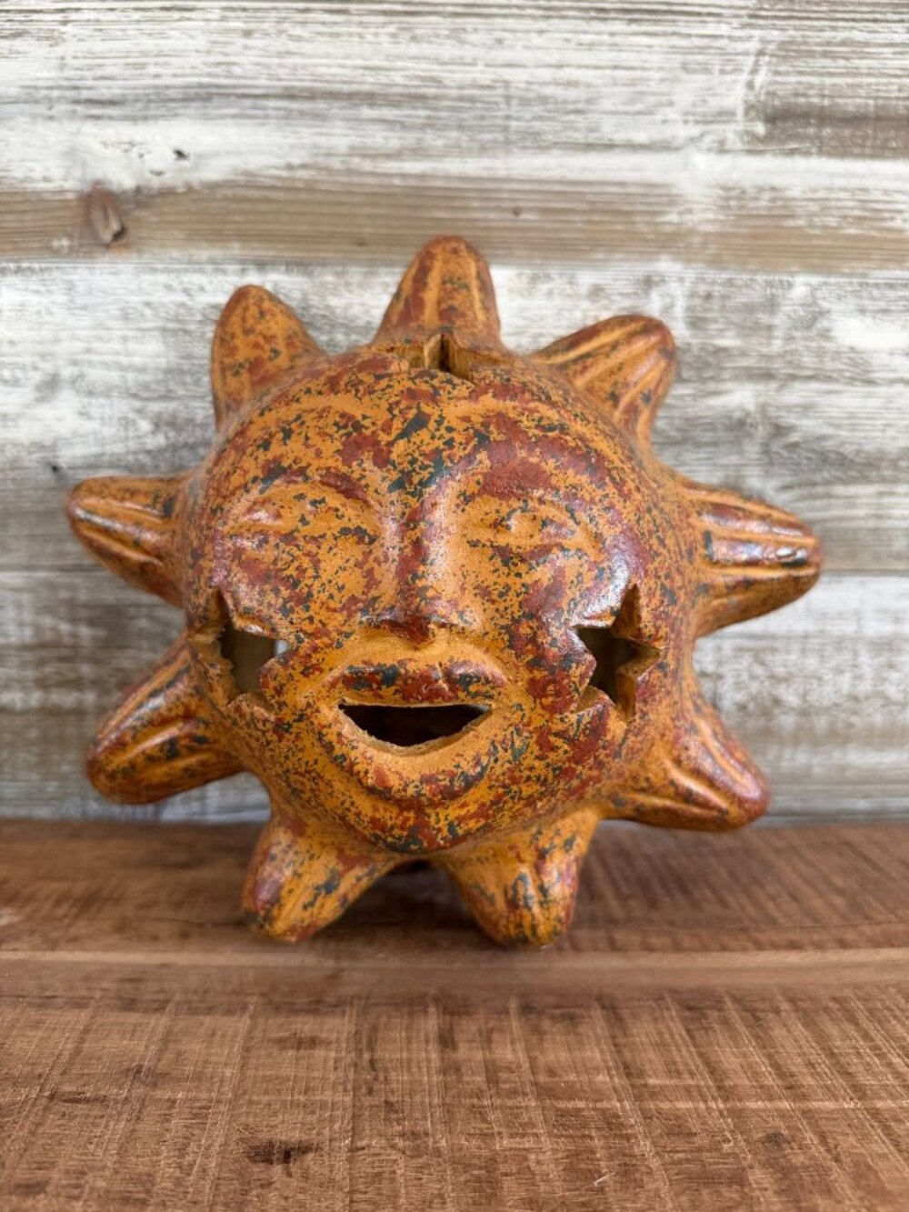 Vintage Mexican Folk Art Terracotta Clay Sun Tealight Candle Holder Celestial